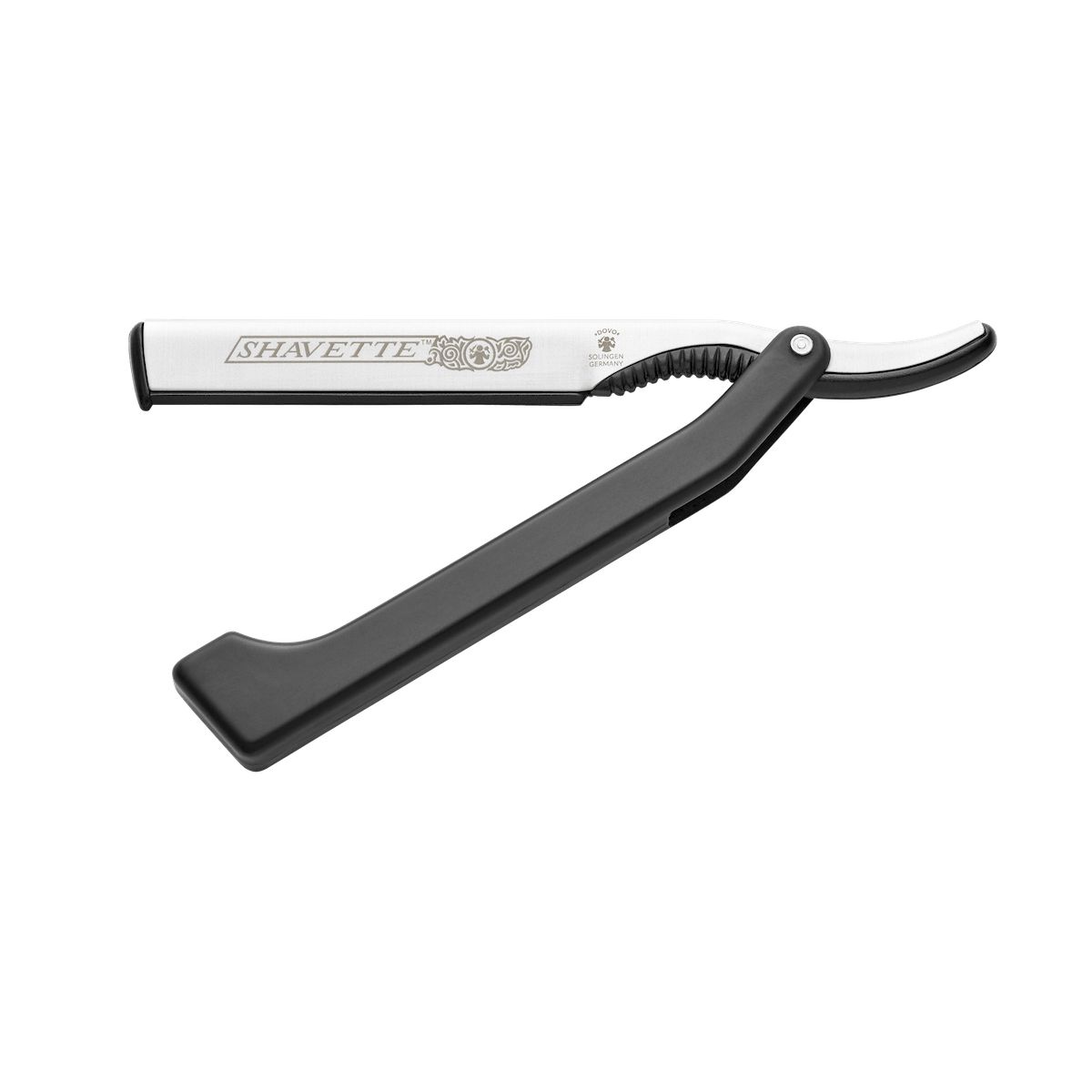 Scheermes, open. Zwart handvat, zilveren mes met opschrift SHAVETTE. Metaal.