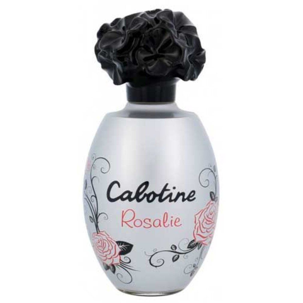 Flacon argenté, bouchon noir en forme de fleur. Inscription Cabotine Rosalie, décor de roses.