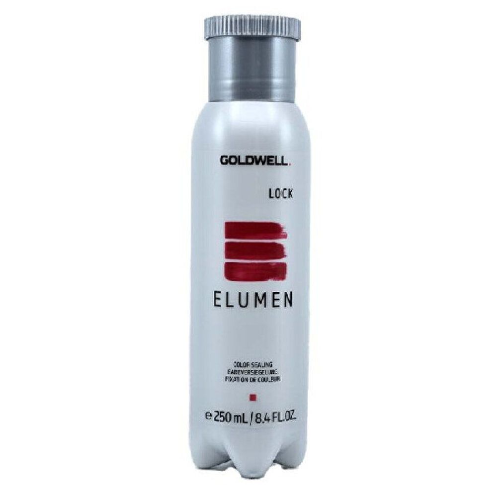 Goldwell Elumen Lock, traitement fixateur de couleur. Bouteille blanche, bouchon argenté. Bandes rouges et texte Elumen.