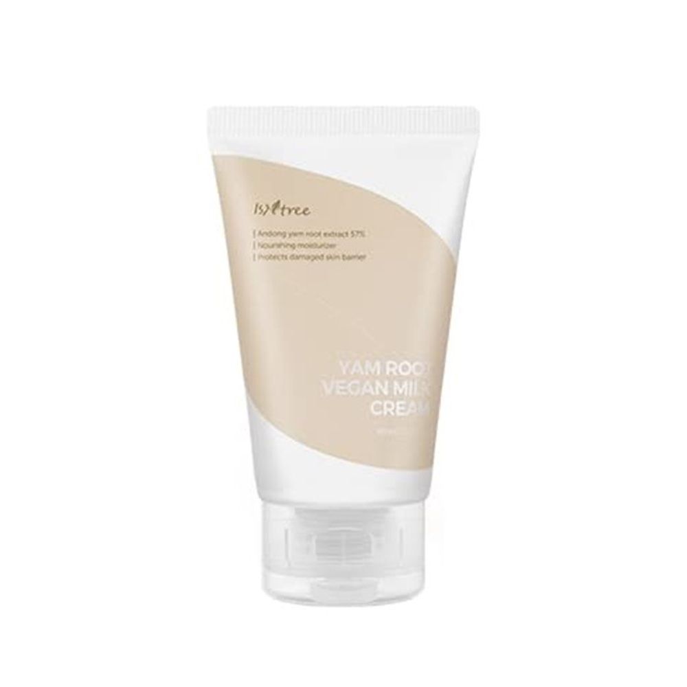 Tube de crème blanc et beige. Texte: Yam Root Vegan Milk Cream. Inscription: ISNTREE.