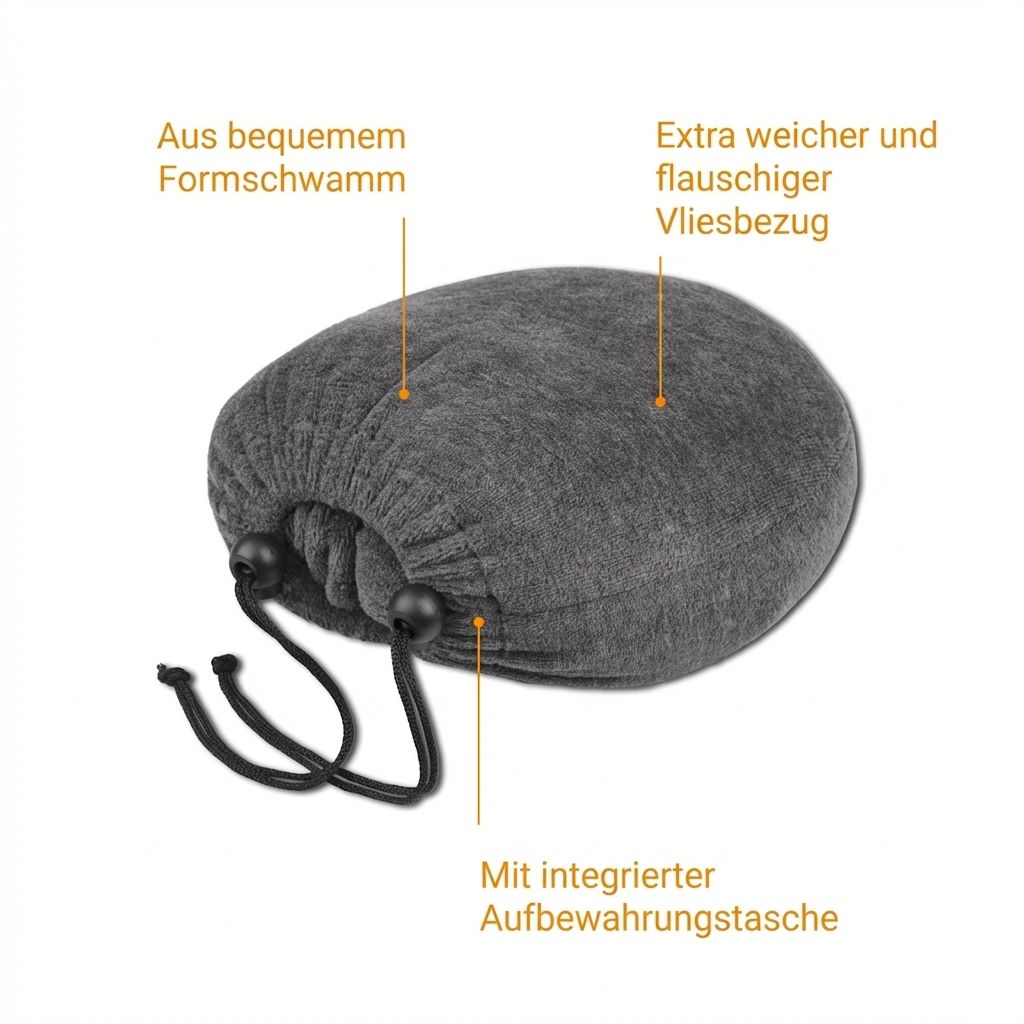 Oreiller de nuque gris en mousse moulée, avec housse polaire et sac de rangement intégré.