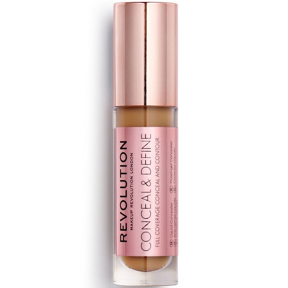 Tube de correcteur avec bouchon or rose. Marque: Makeup Revolution. Texte: Conceal & Define.