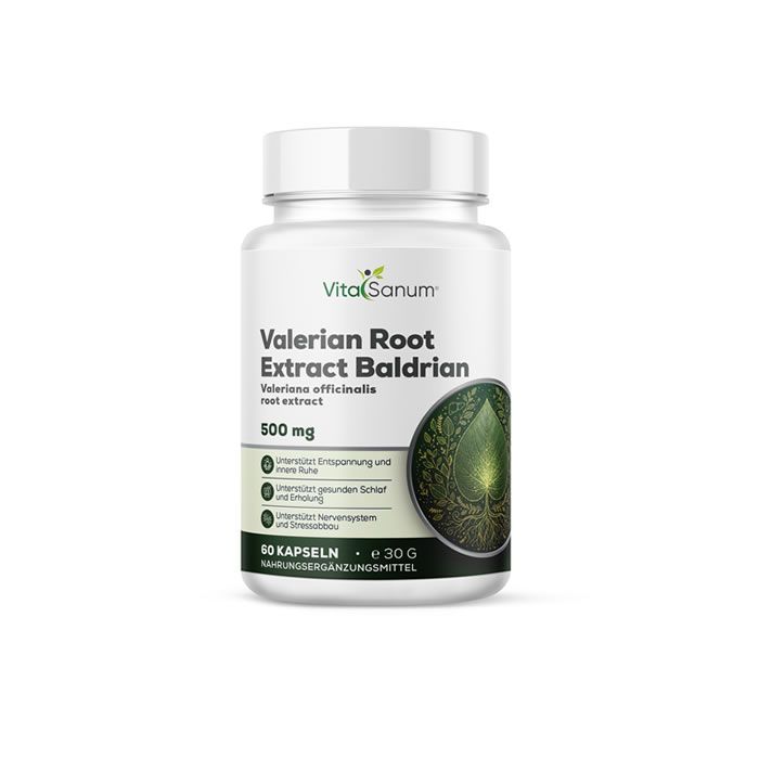 Flacon blanc de gélules. Inscription: VitaSanum, Valerian Root Extract Baldrian, 500 mg, 60 gélules.