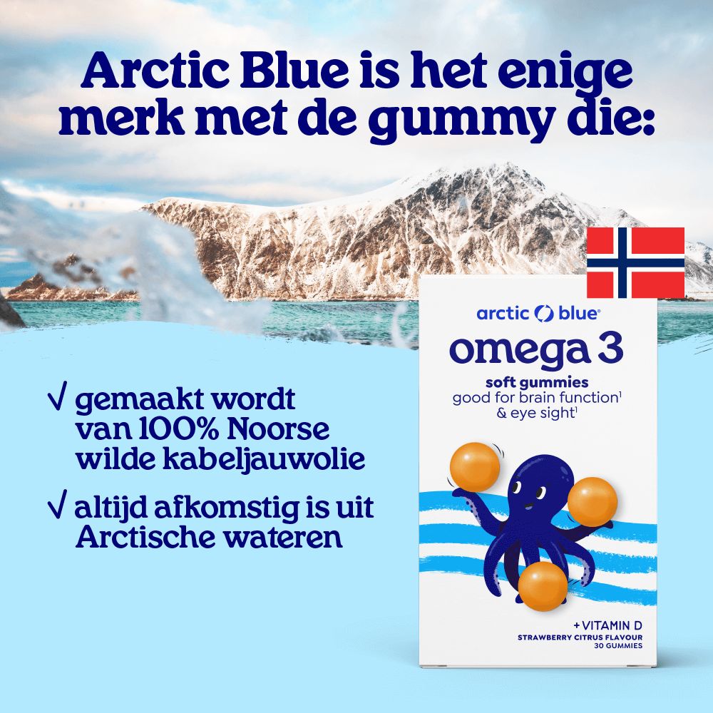 Verpakking Arctic Blue Omega-3 gummies voor een berglandschap met Noorse vlag.
