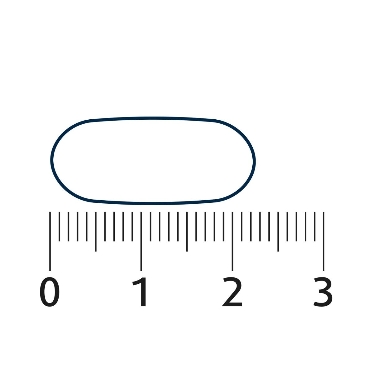 Een tablet, langwerpig, blauw omrand, op een schaal van 0 tot 3 cm. De tablet is ongeveer 2 cm lang.