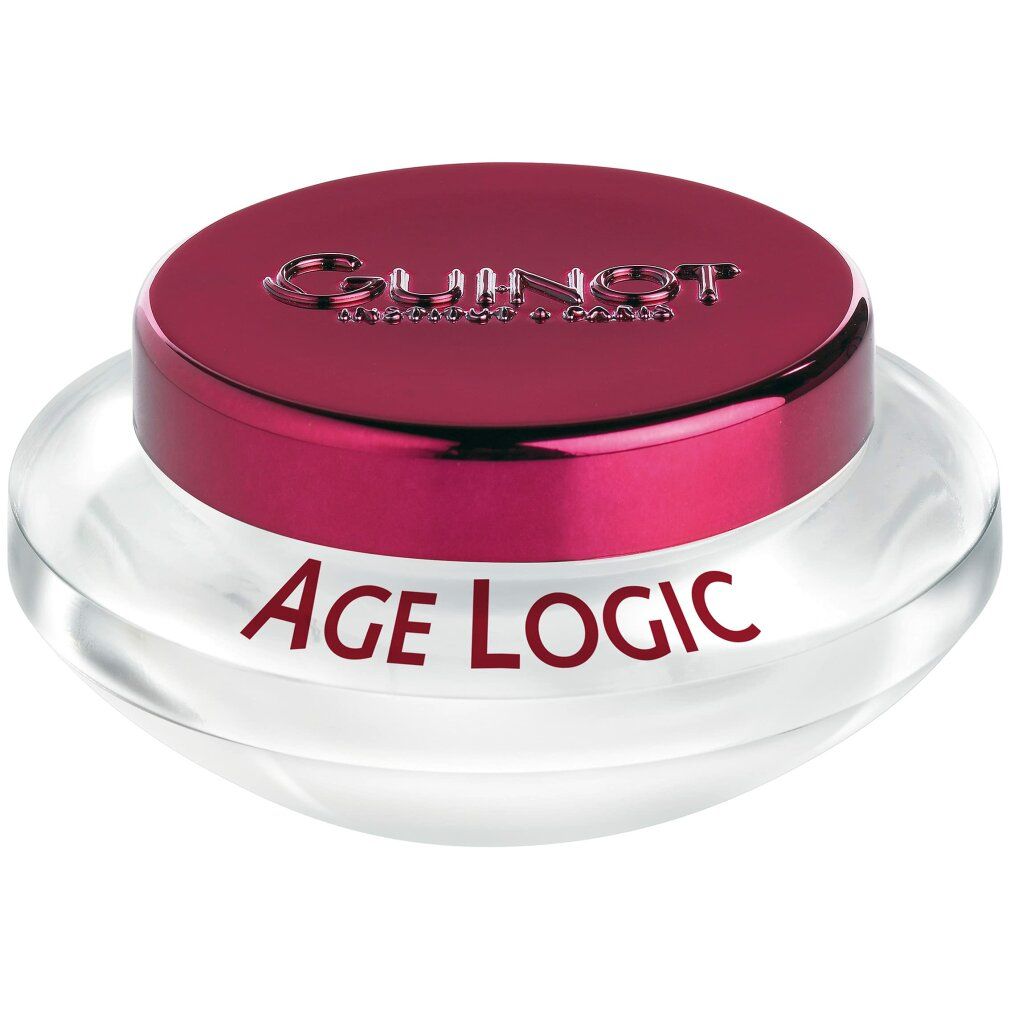 Glazen pot met rode deksel. Opschrift: Guinot, Age Logic. Productnaam op de pot.