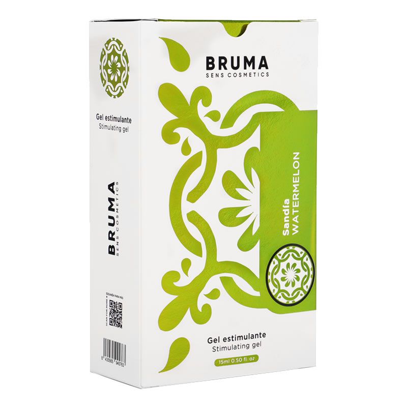 Bruma Stimulerende Gel verpakking met watermeloen smaak en bloemaccenten.