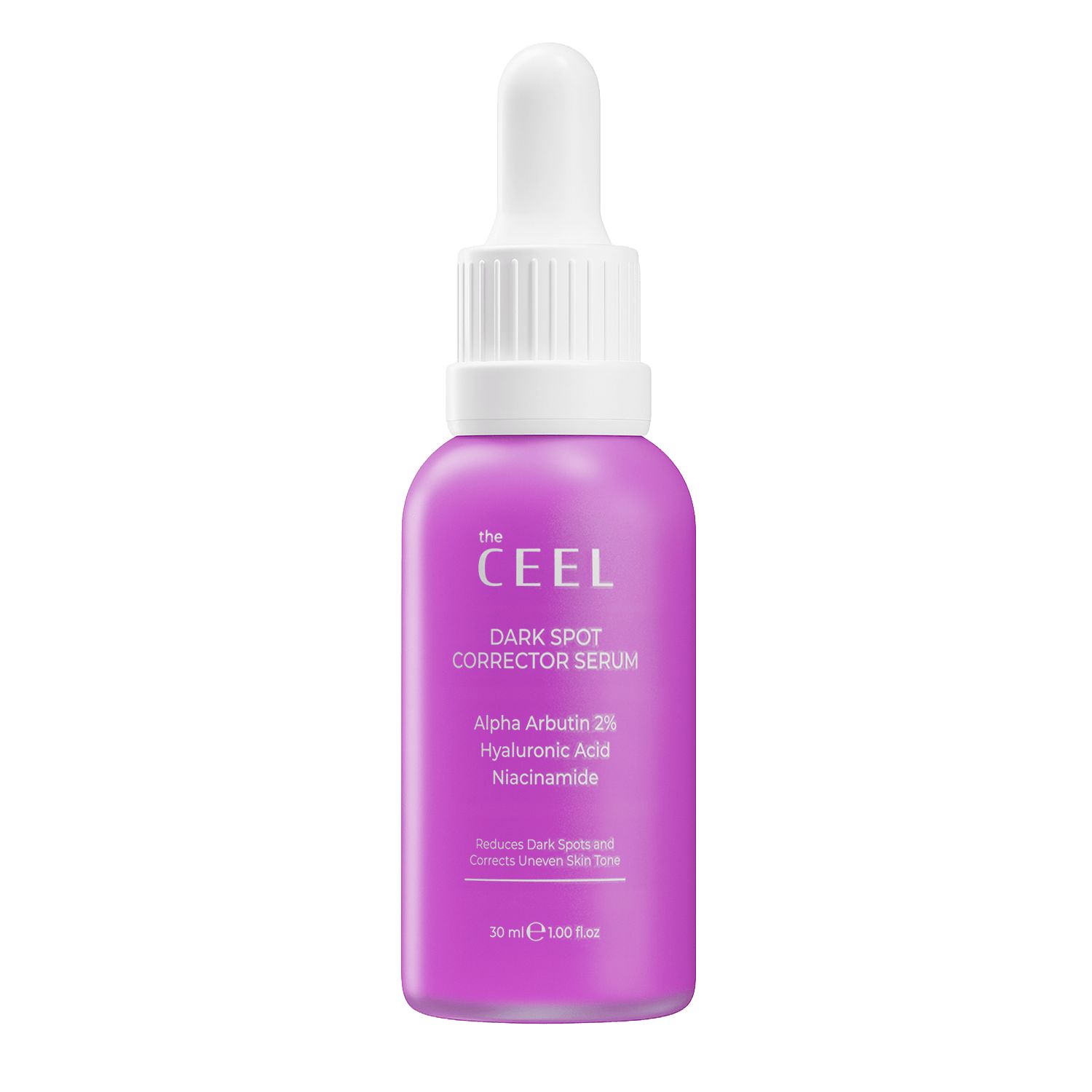Paarse fles van THE CEEL Anti Dark Spot Corrector Serum met druppelflesje. Bevat 30 ml.