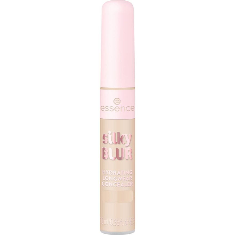 Beige concealer tube met roze dop. Opschrift: Silky Blur Hydrating Longwear Concealer. Merk: Essence.