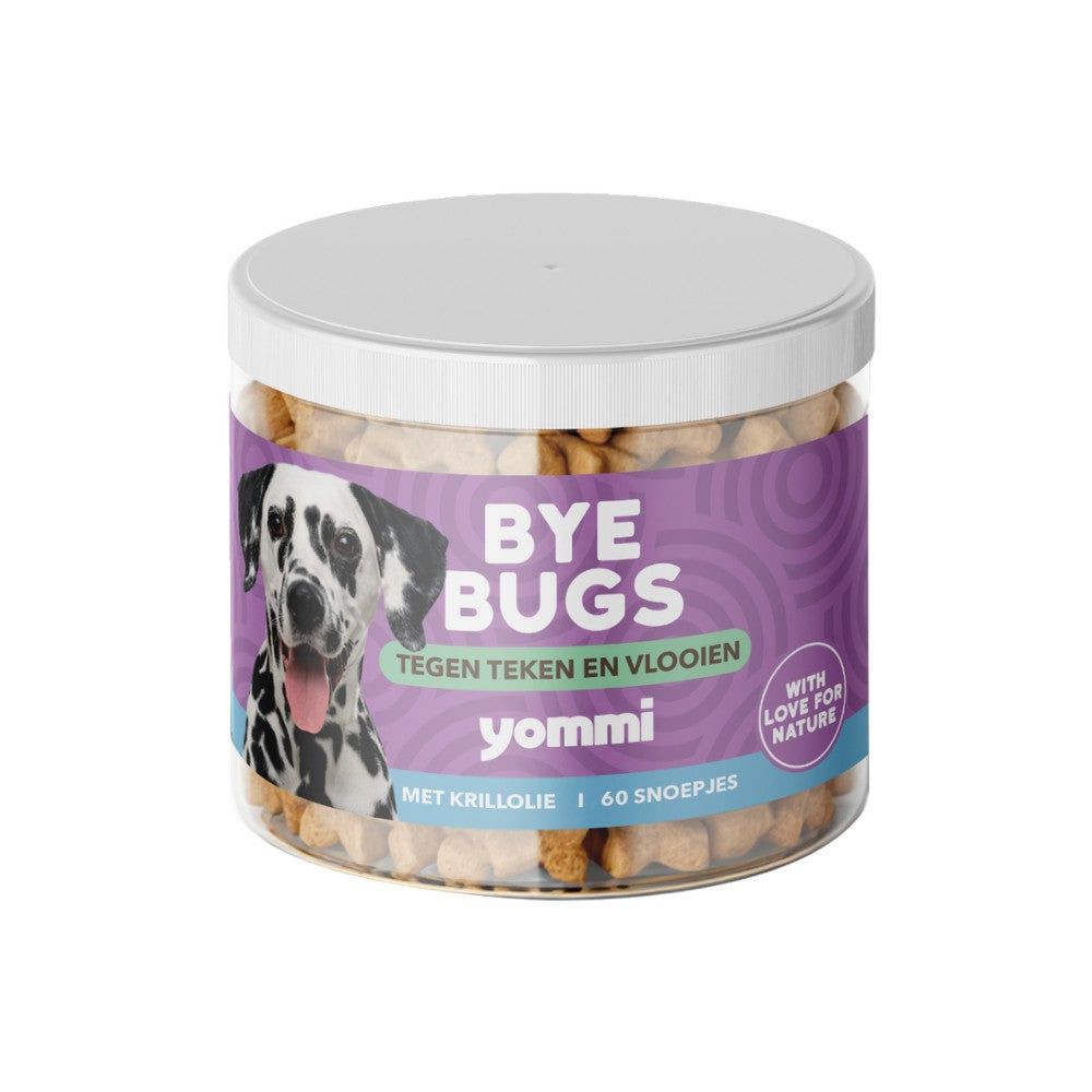 Boîte Yommi 'Bye Bugs' contenant 60 friandises anti-tiques et anti-puces pour chiens.