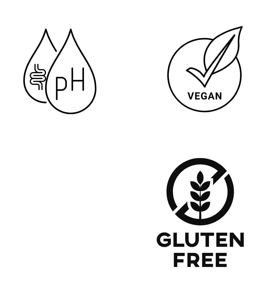 Iconen: Darm en pH in druppels, Vegan-label, glutenvrij symbool.