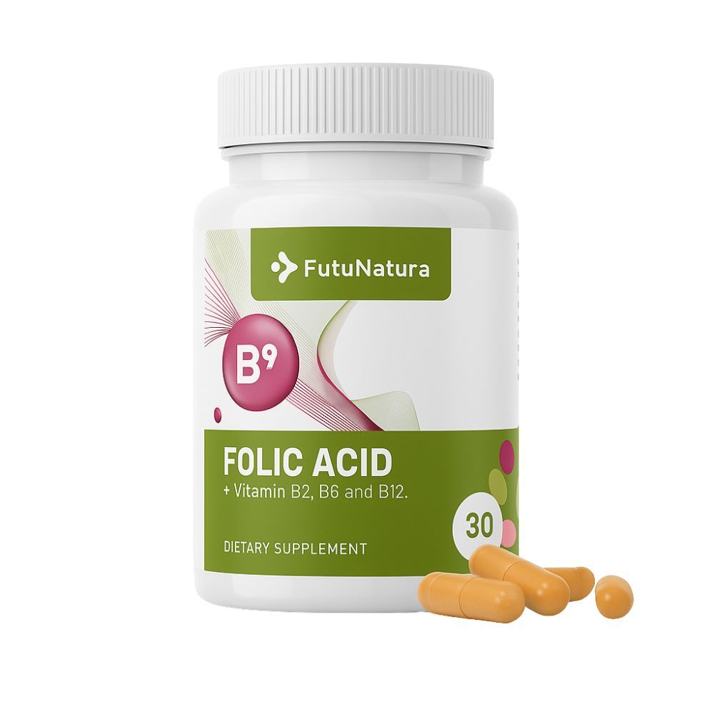 Witte fles met capsules. Opschrift: FutuNatura, B9, Folic Acid + Vitamine B2, B6 en B12. 30 capsules.