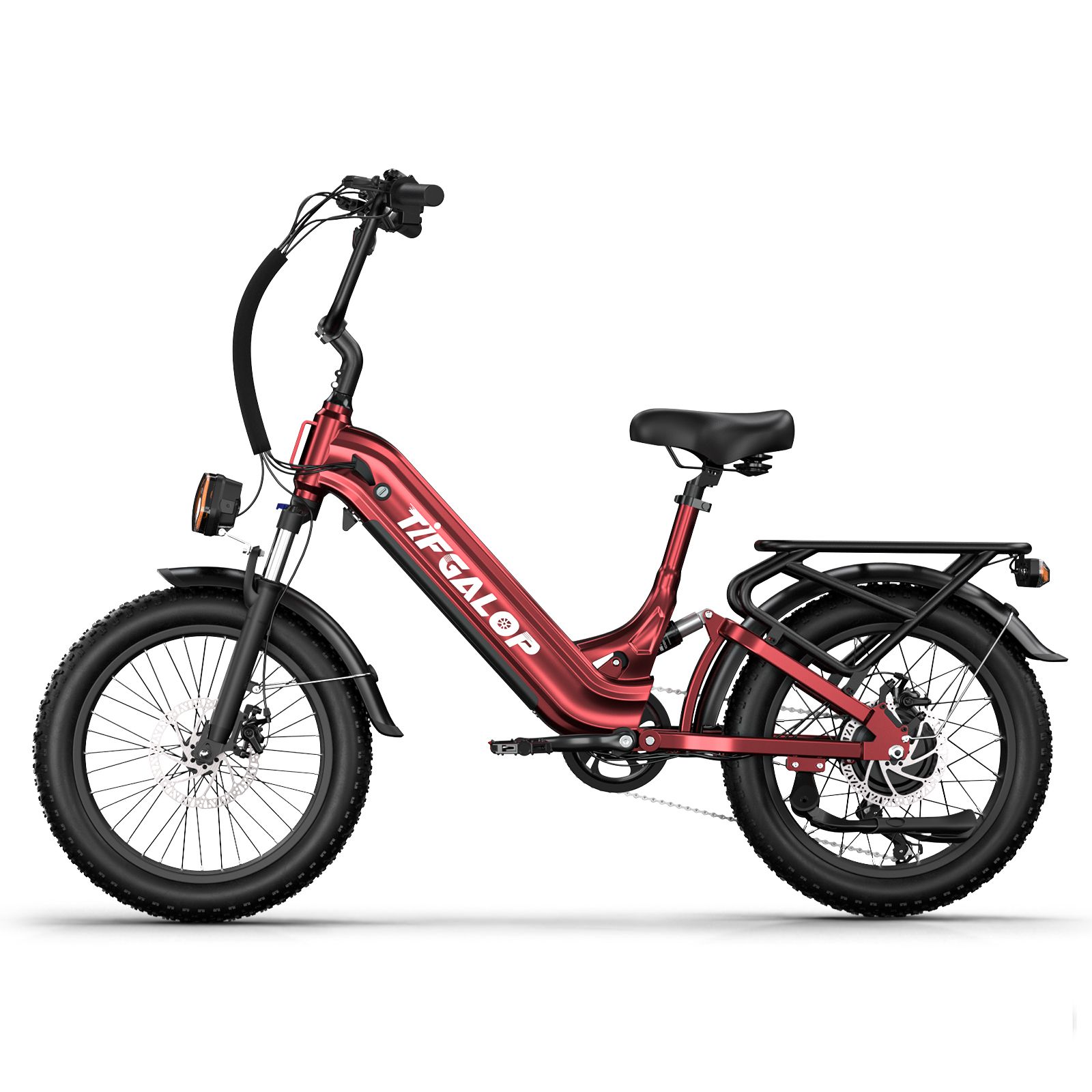Rode e-bike met zwarte elementen. Brede banden, bagagerek, koplamp en stuur. Merk TIFGALOP.