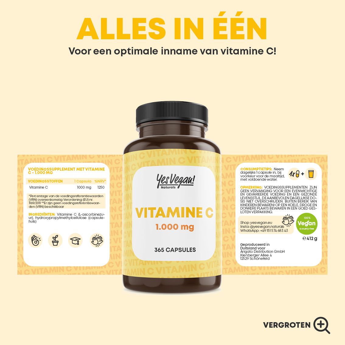 Fles met 365 vegane vitamine C capsules, 1000 mg. Jaarvoorraad.