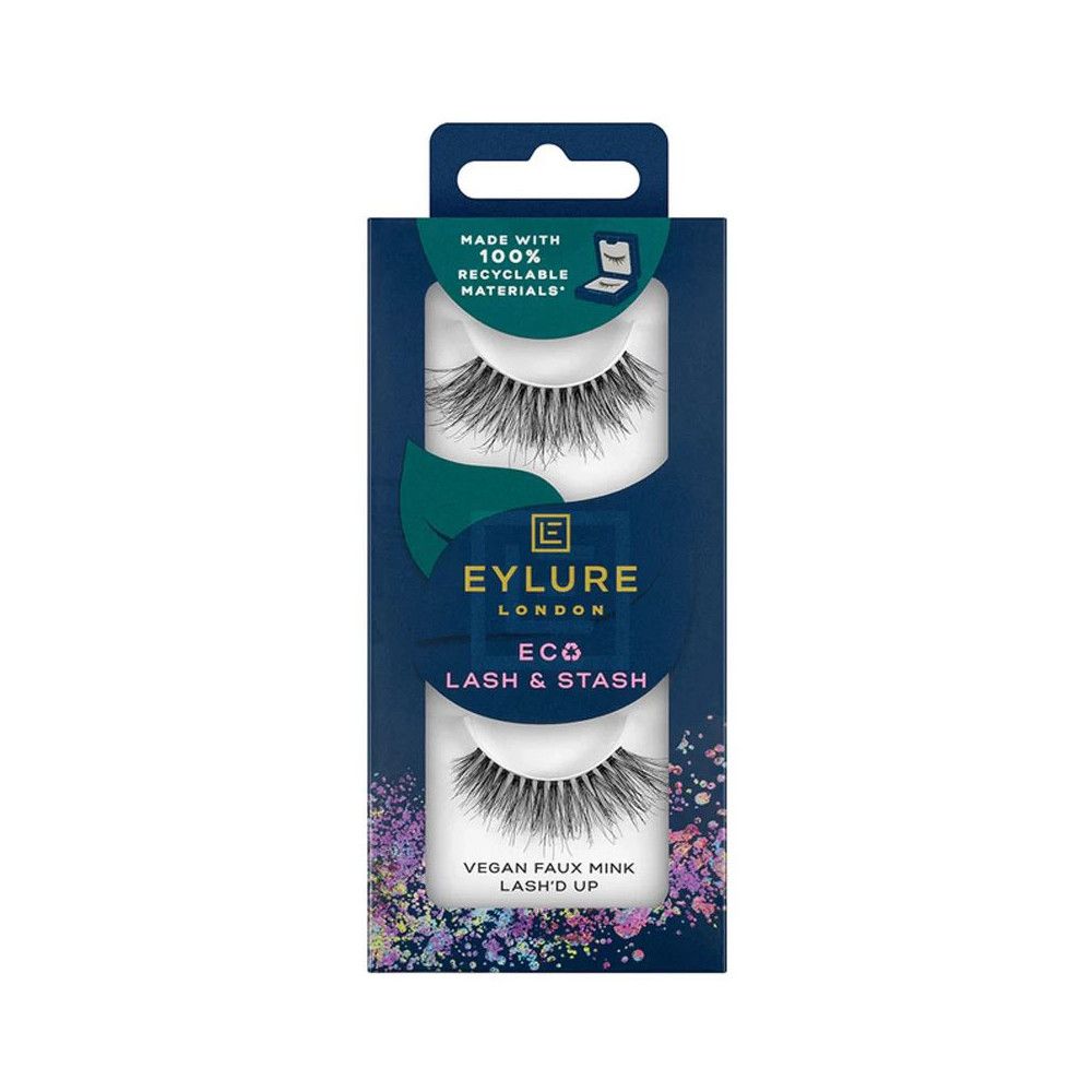 Emballage de faux cils Eylure London Eco Lash & Stash. Contient deux paires de cils. Inscription : Vegan Faux Mink, Lash'd Up.