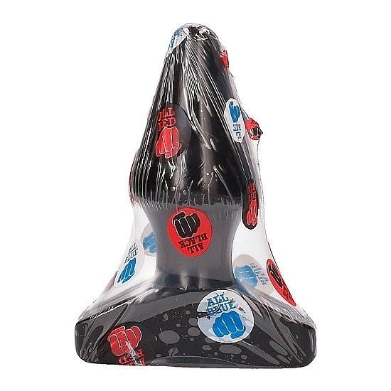 Buttplug noir à pointe conique, emballé dans du film plastique avec des logos répétés.