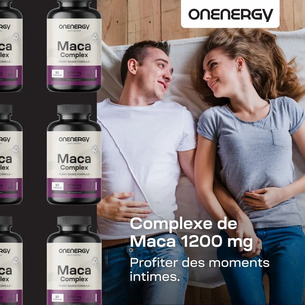 Complexe de Maca 1200 mg. Couple au lit. Logo OnEnergy. Texte: Profiter des moments intimes.