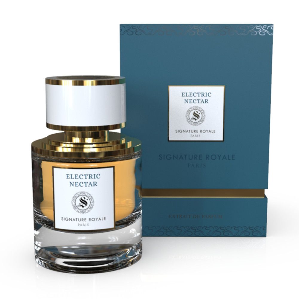Parfumextract Electric Nectar in fles en verpakking. Gouden sluiting, witte dop, blauwe doos met logo.