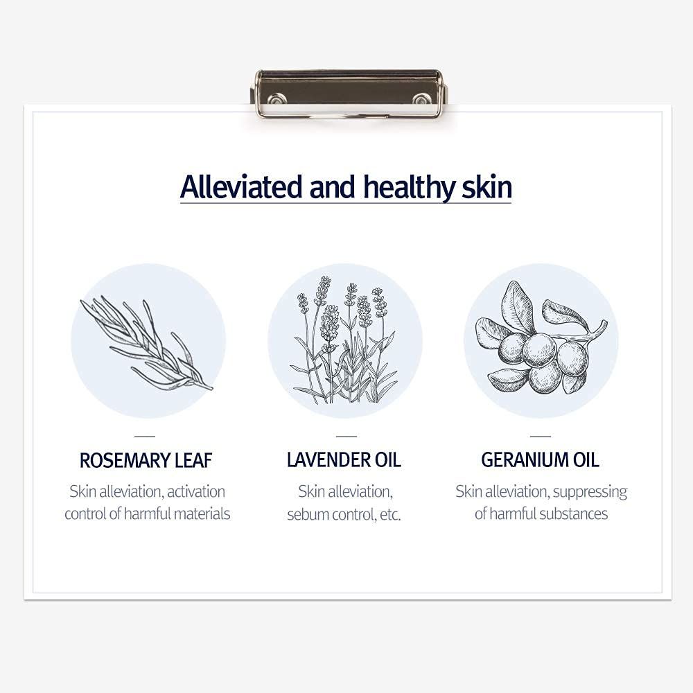 Ingrediënten voor verlichte en gezonde huid: Rozemarijnblad, lavendelolie, geraniumolie.