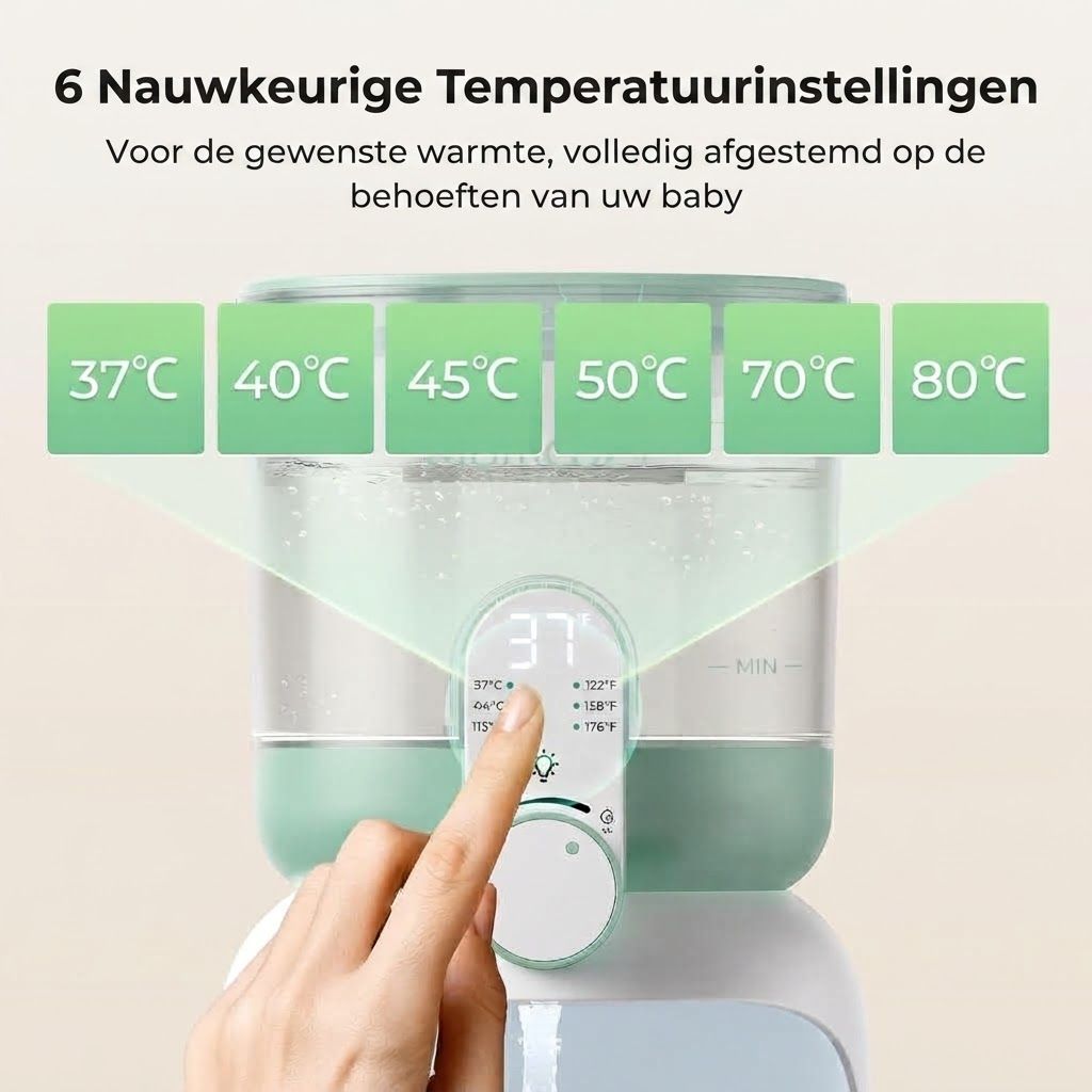 Babyfleswarmer met digitaal display en 6 temperatuurinstellingen: 37°C, 40°C, 45°C, 50°C, 70°C, 80°C.