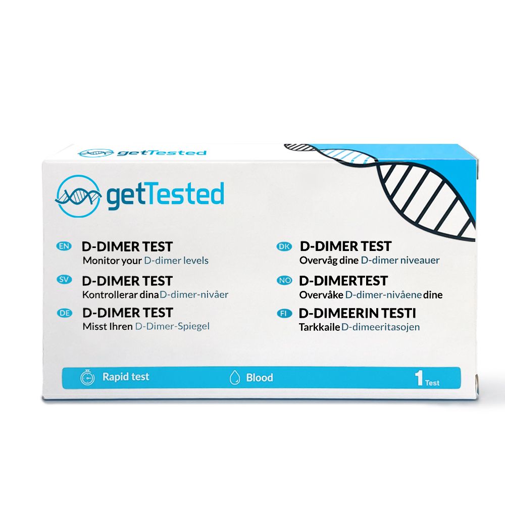 GetTested D-Dimeer testdoos. Bevat informatie in meerdere talen, waaronder 'D-DIMER TEST'.