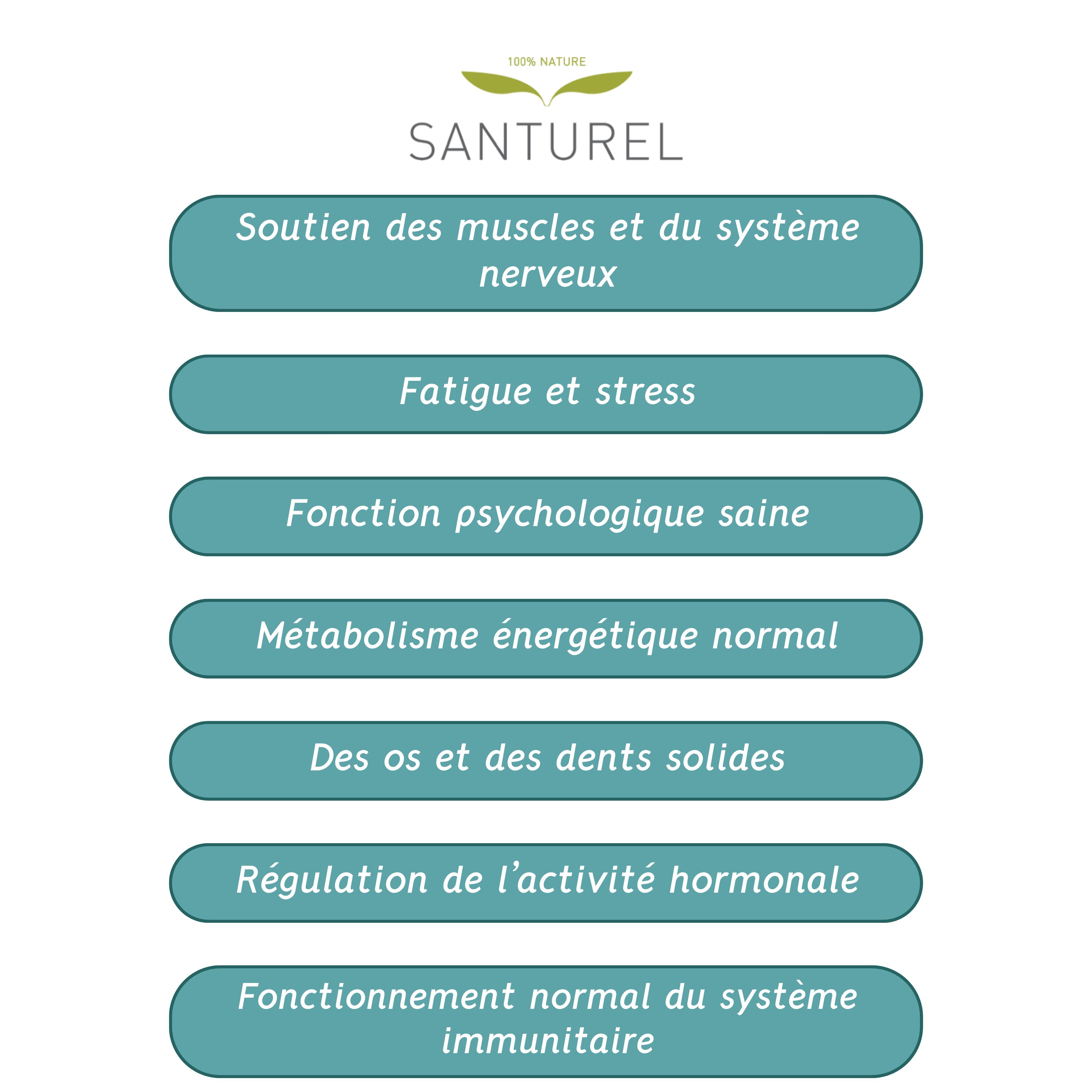 Champs de texte bleu-vert avec des descriptions françaises. Thèmes: muscles, système nerveux, fatigue, stress, fonction psychologique, métabolisme, os, dents.