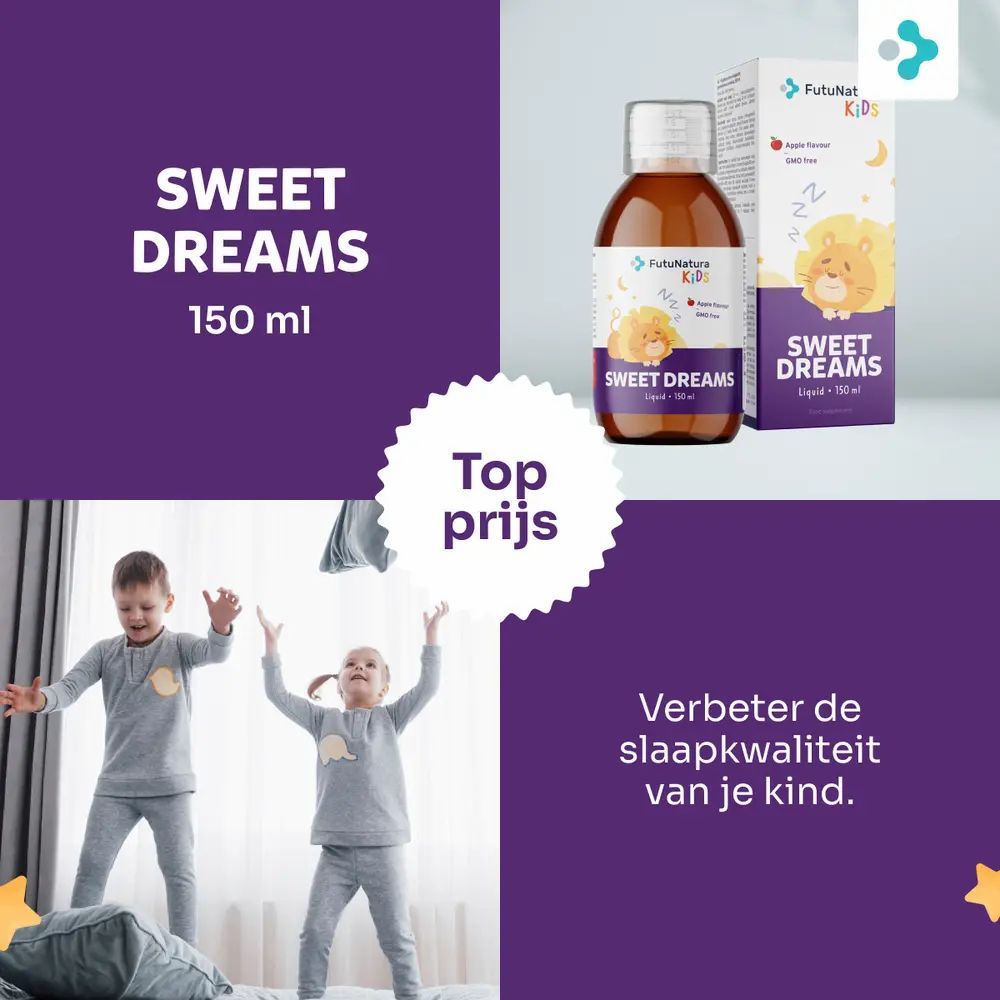 Fles en verpakking. Opschrift: Sweet Dreams, 150 ml. Twee kinderen spelen. Verbetert de slaapkwaliteit.
