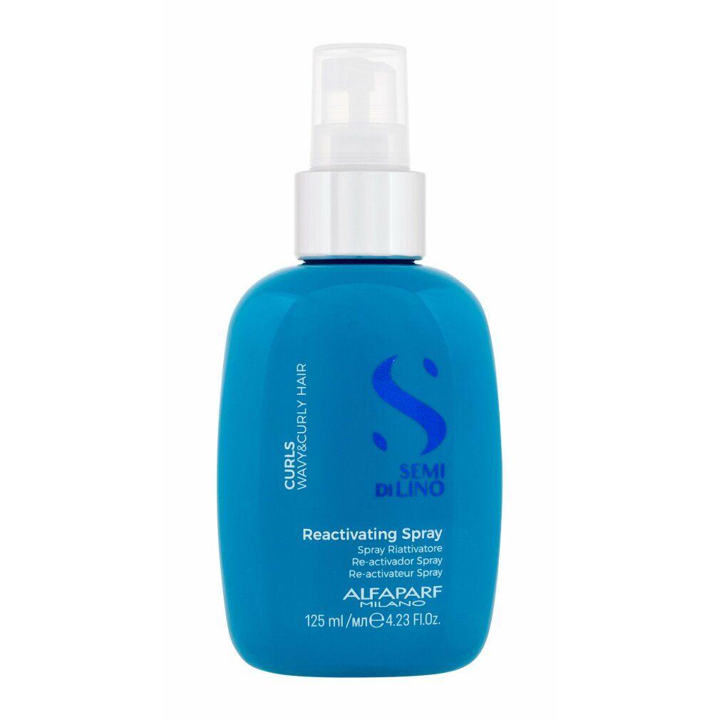 Flacon spray bleu avec pompe blanche. Texte : 'SEMI DI LINO', 'Reactivating Spray', '125 ml'.