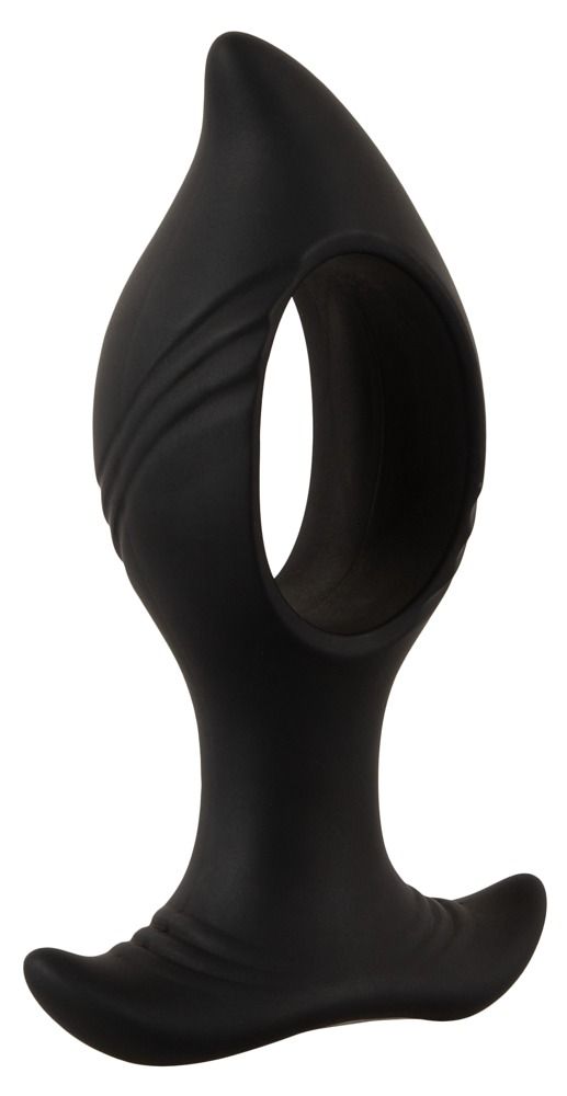 Zwarte anale plug met gat-design, brede basis en gegroefde schacht.