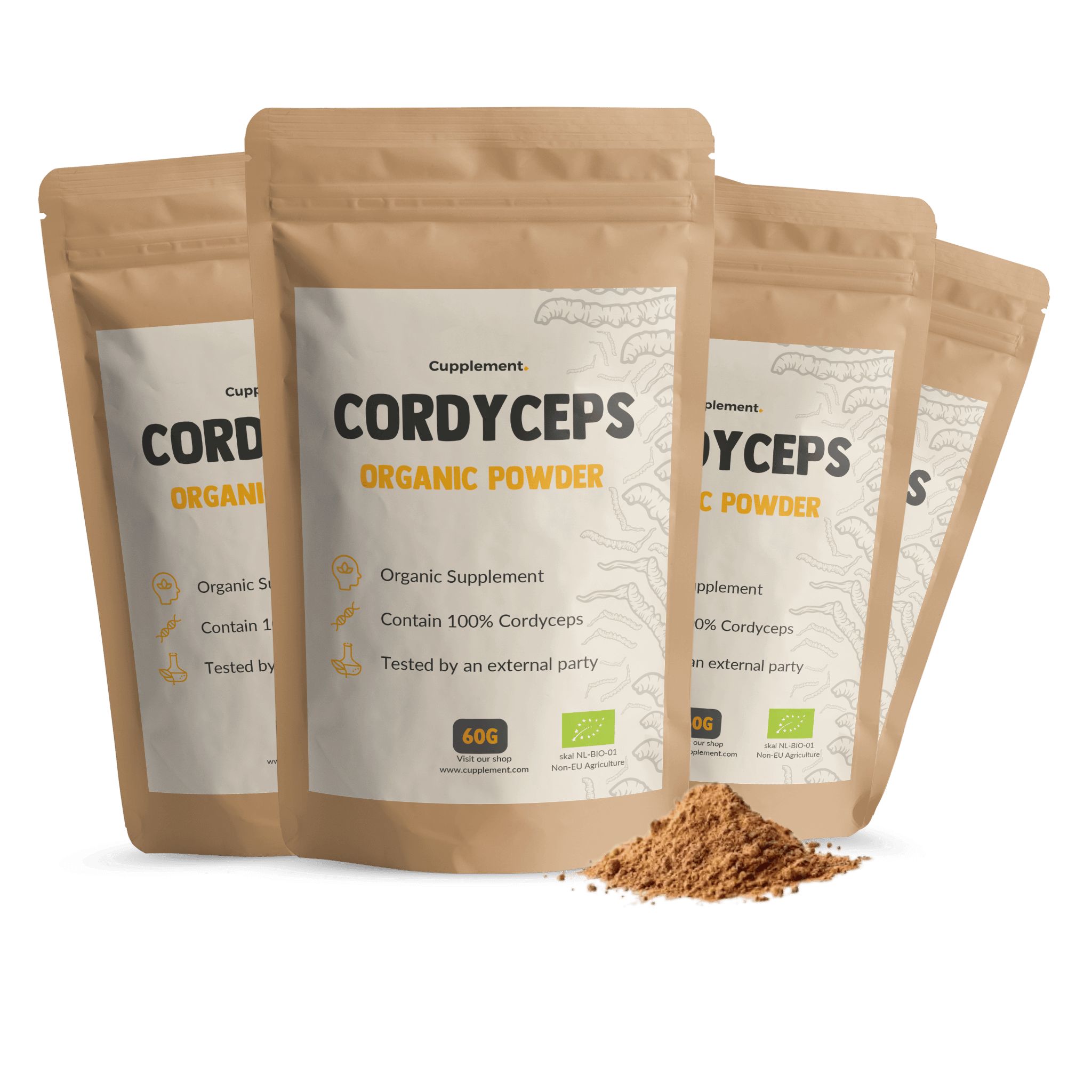 Zakjes Cordyceps poeder. Opschrift: Cordyceps Organic Powder. 60g. Bio-keurmerk.