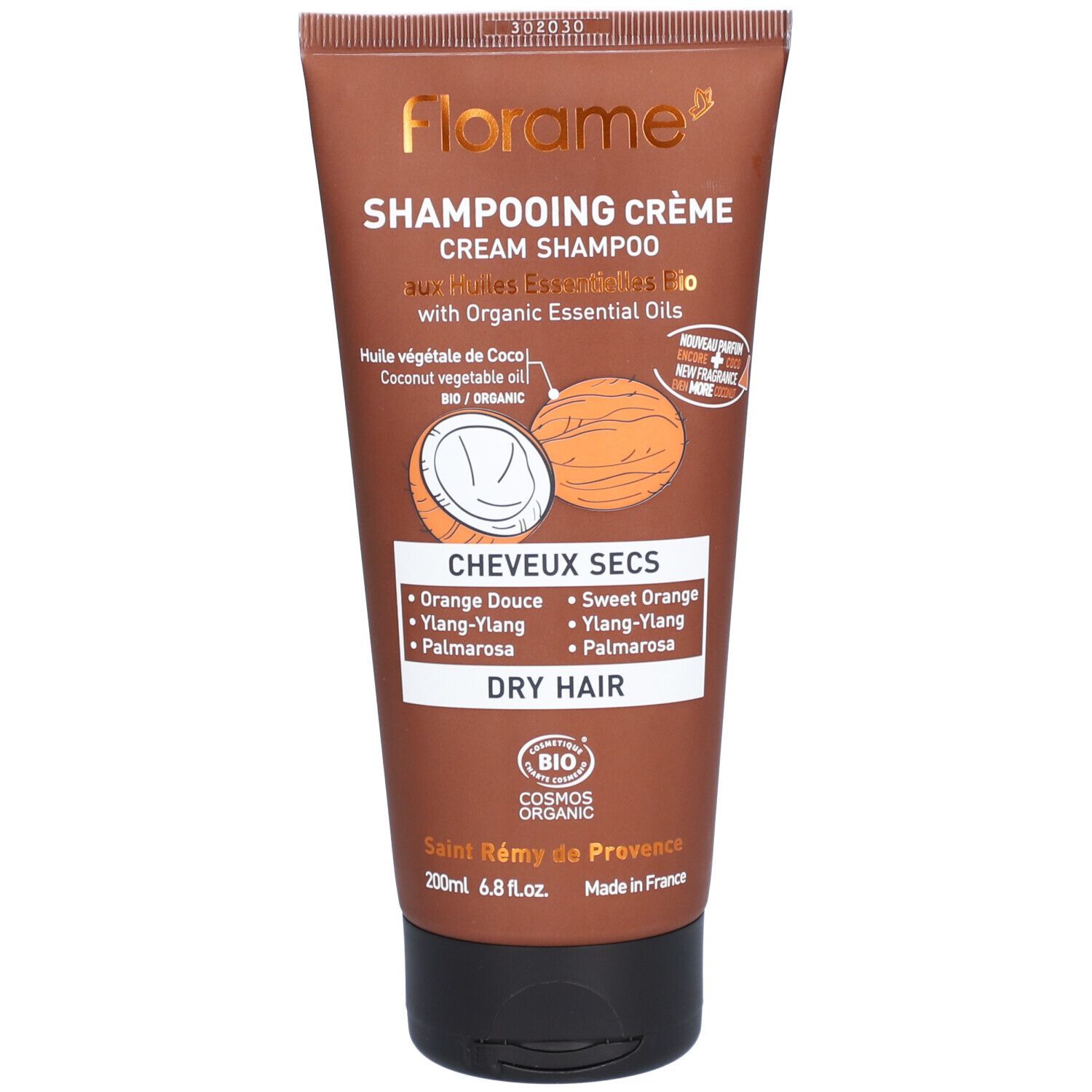 Bruine tube Florame crème shampoo voor droog haar. Tekst en logo's. Kokosnoot illustratie.