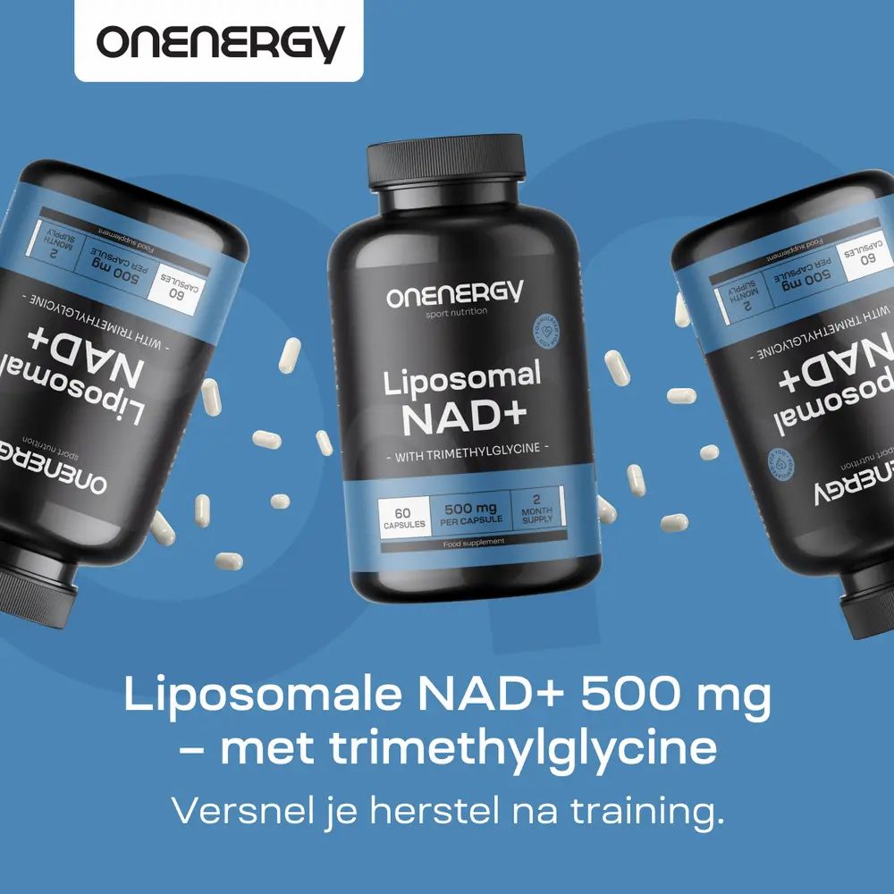 Flessen met capsules. Tekst: Liposomaal NAD+ met Trimethylglycine, 60 capsules. Snelle absorptie.