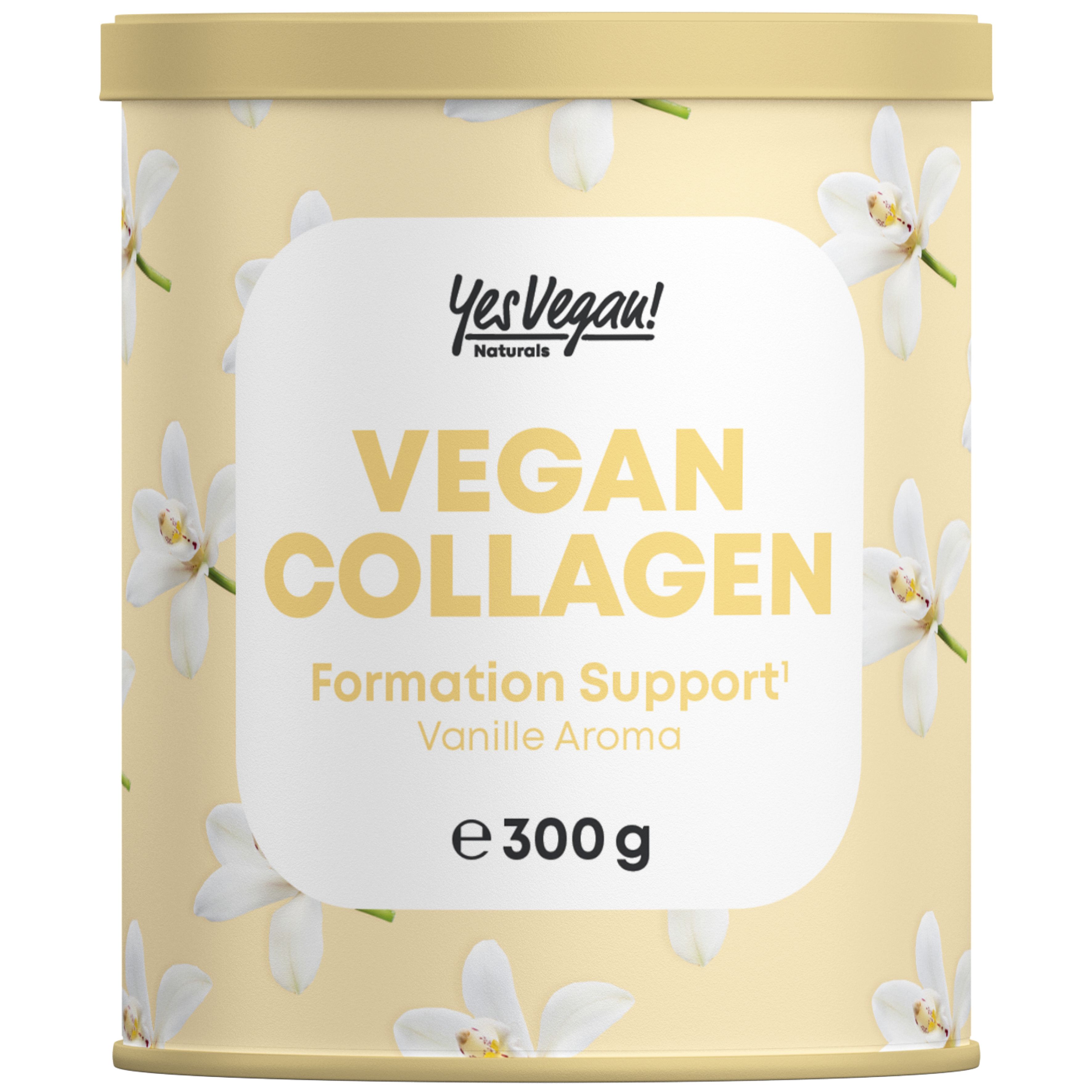 Beige pot met productinfo. Yes Vegan Naturals Vegan Collagen Formation Support, Vanille Aroma, 300g.