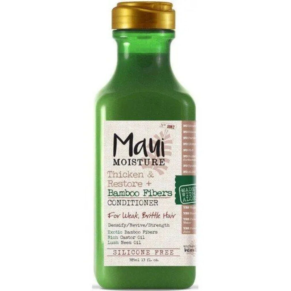 Bouteille verte avec bouchon doré. Inscription: Maui Moisture, Thicken & Restore + Bamboo Fibers Conditioner. Pour cheveux fragiles.