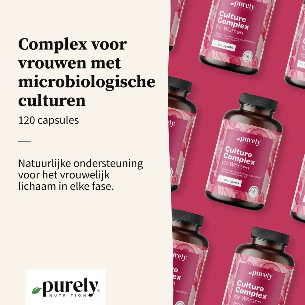 Meerdere flessen met productlabel. Tekst: Complex voor vrouwen met culturen. 120 capsules.