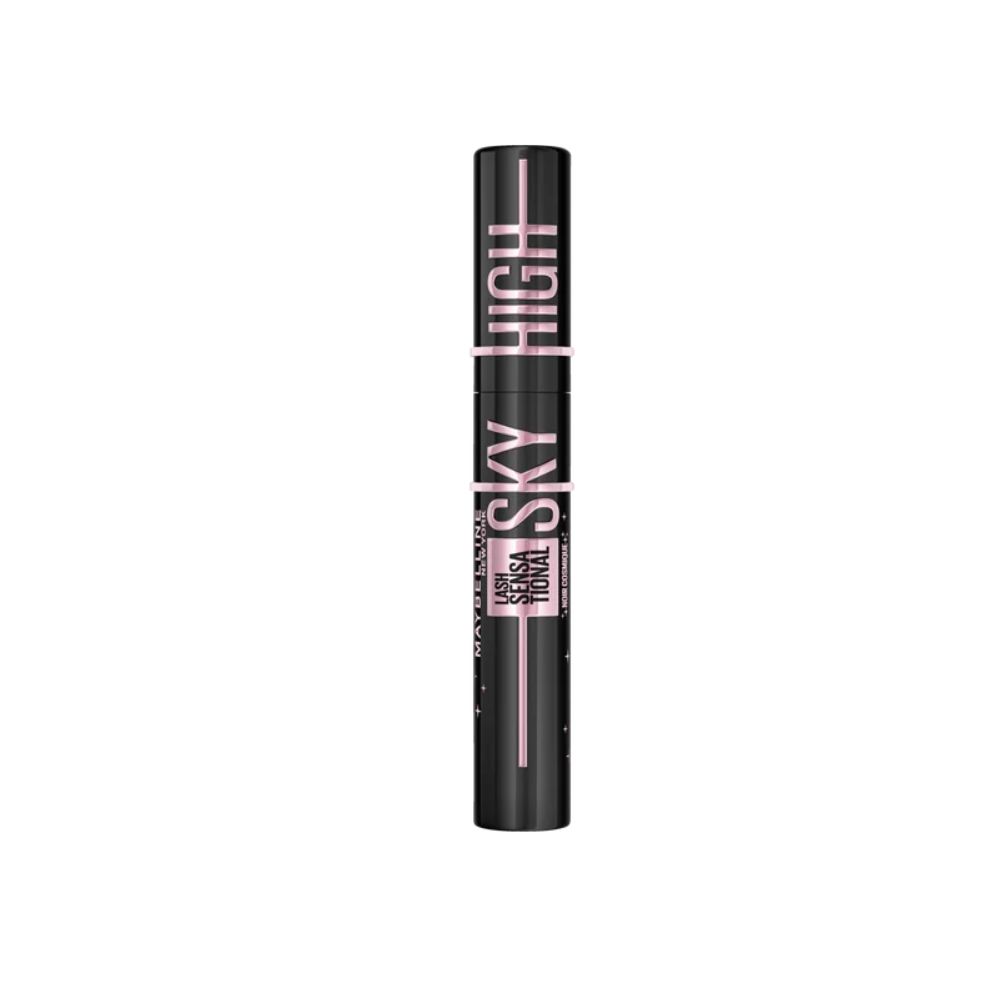 Mascara Maybelline Sky High noir, avec brosse rose, debout.