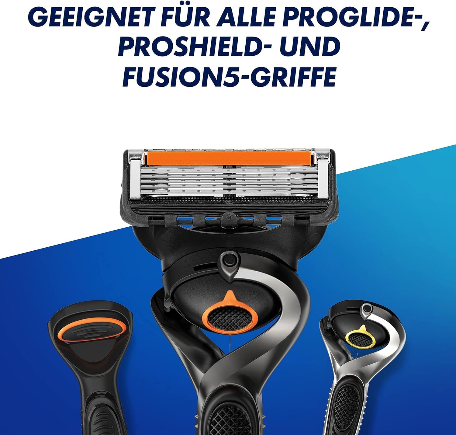 Gillette ProGlide scheermes en twee andere handvatten. Tekst: Geschikt voor alle ProGlide, ProShield en Fusion5 handvatten.