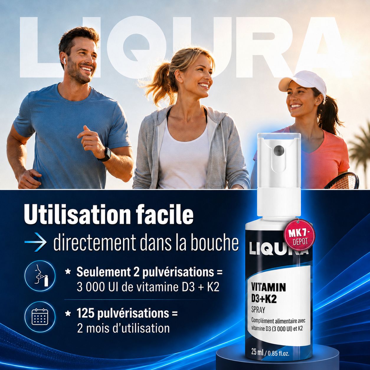 Spray LIQURA Vitamine D3+K2: Utilisation facile directement dans la bouche.