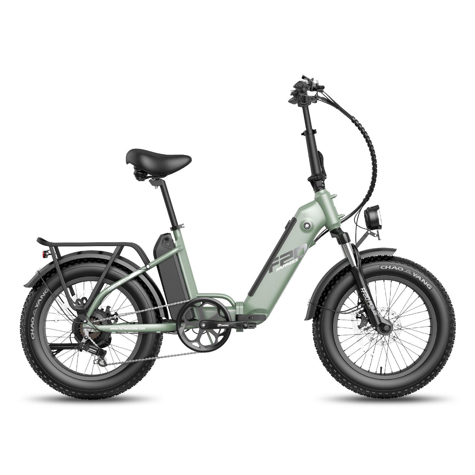 Vélo électrique pliable vert clair. Pneus, selle et porte-bagages noirs. Phare avant et batterie. Logo F20.