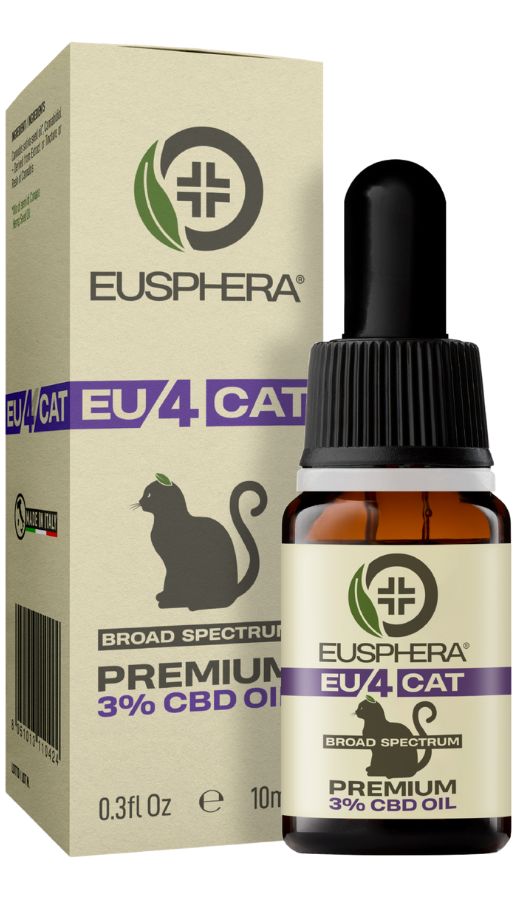 Bruine glazen fles met zwarte dop en pipet. Doos met logo en tekst: EU4CAT, 3% CBD Oil.