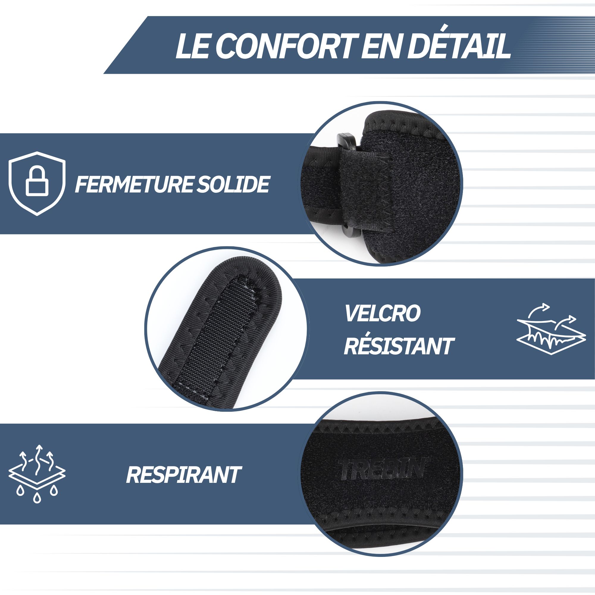 Détails d'une genouillère : fermeture solide, velcro résistant, respirant. Texte : 'LE CONFORT EN DÉTAIL'.