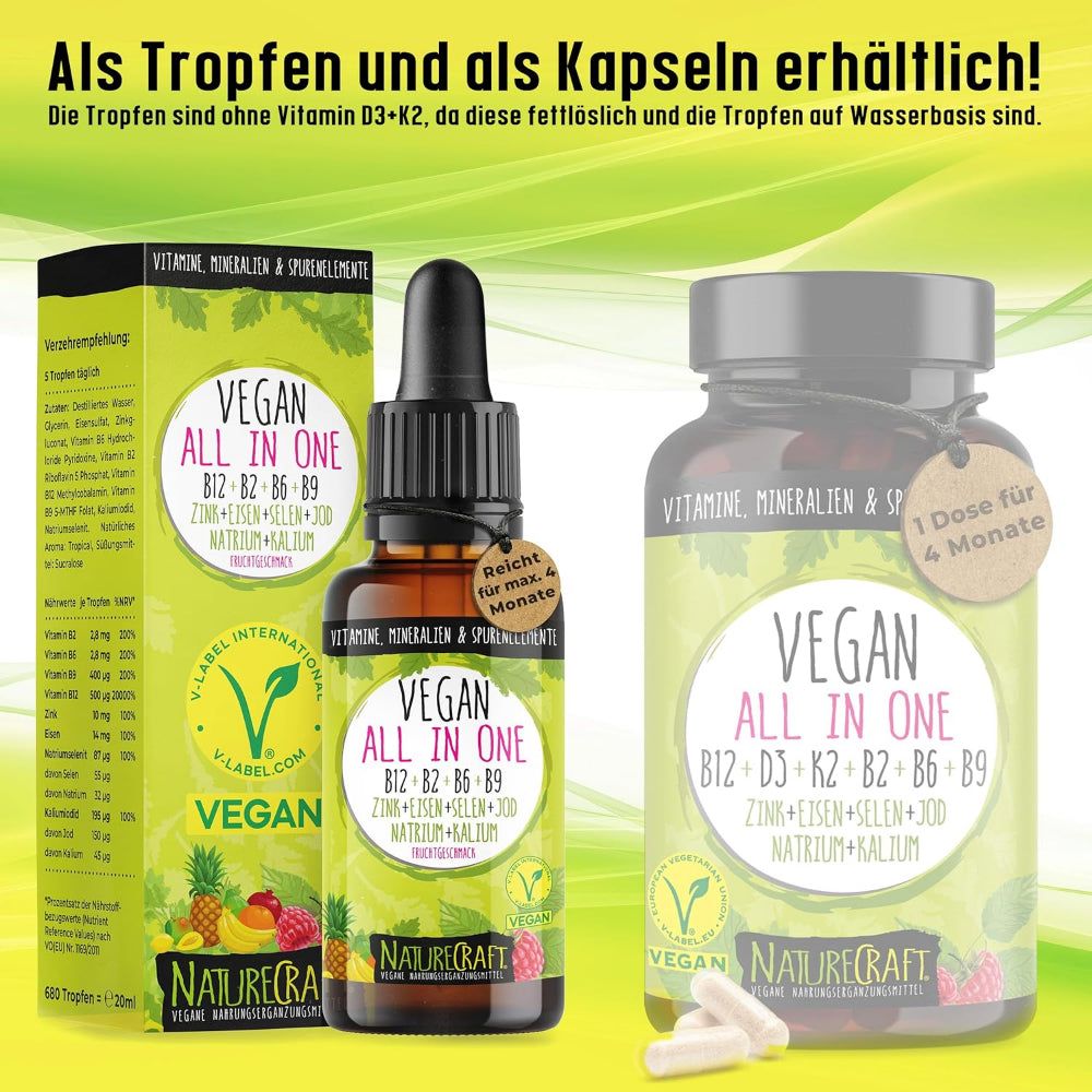 Productfles en capsules. Opschrift: Vegan All in One. V-Label Vegan. Tekst: Verkrijgbaar als druppels en capsules.