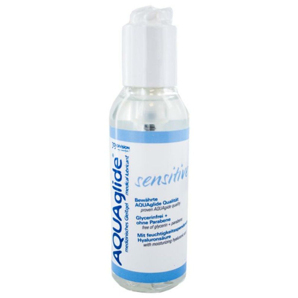 Transparante fles met witte pomp. Opschrift AQUAglide Sensitive. Blauwe band met tekst.