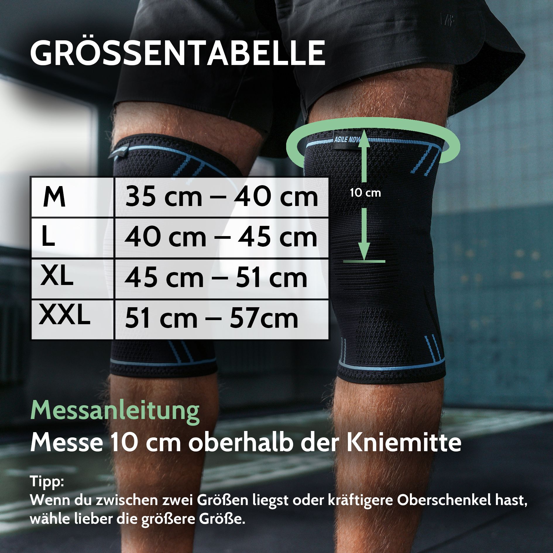 Tableau des tailles pour genouillères. Tailles : M (35-40 cm), L (40-45 cm), XL (45-51 cm), XXL (51-57 cm).