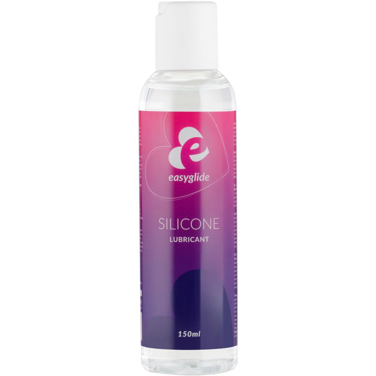 Flacon transparent, bouchon blanc. Inscriptions: Easyglide, SILICONE LUBRICANT, 150ml. Dégradé rose et violet.