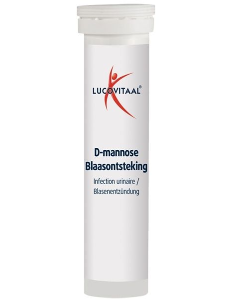 Tube cylindrique "Lucovitaal D-Mannose Blaasontsteking". Contient des comprimés. Couvercle blanc. Nom du produit et logo visibles.