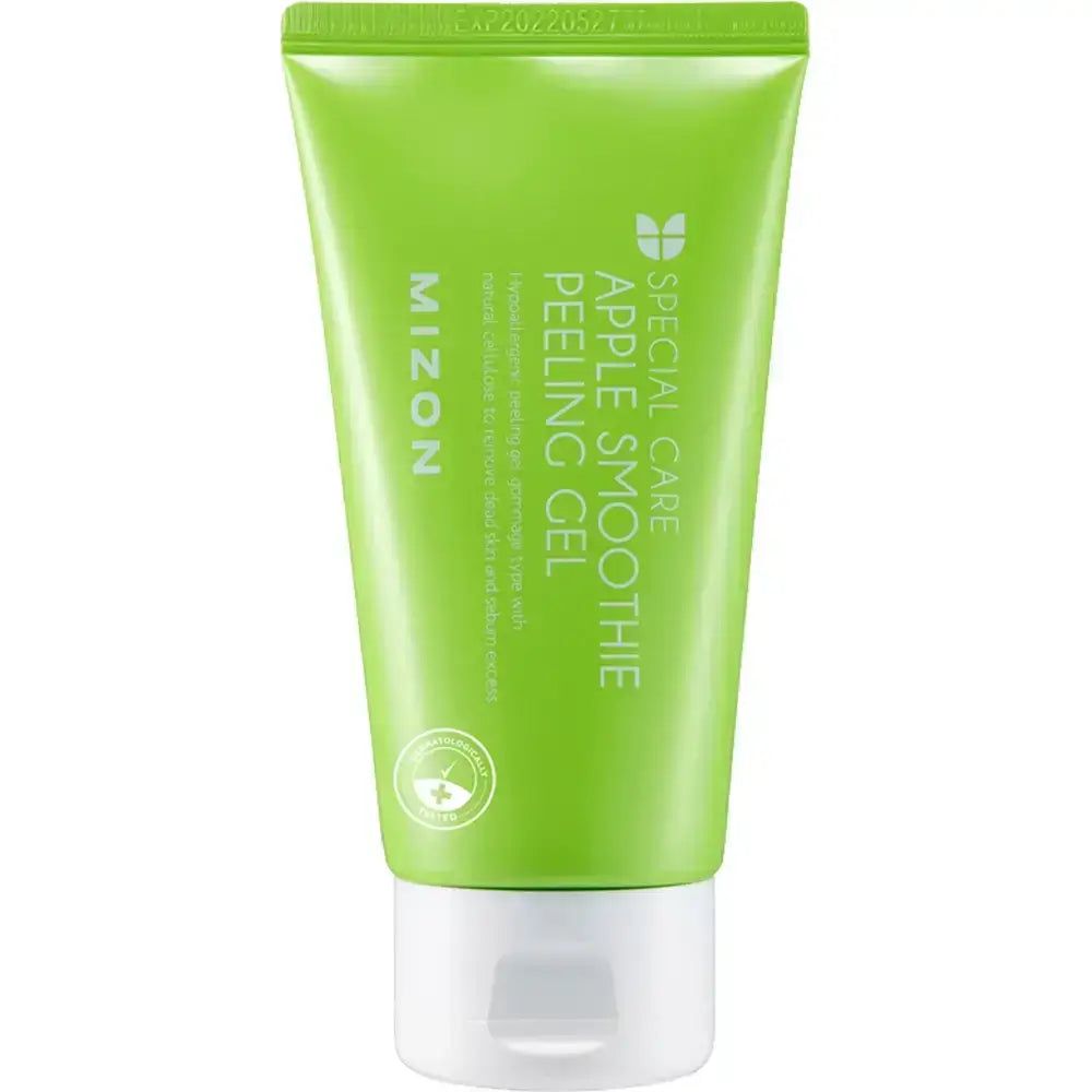 Groene tube met tekst: MIZON Apple Smoothie Peeling Gel. Op witte achtergrond.