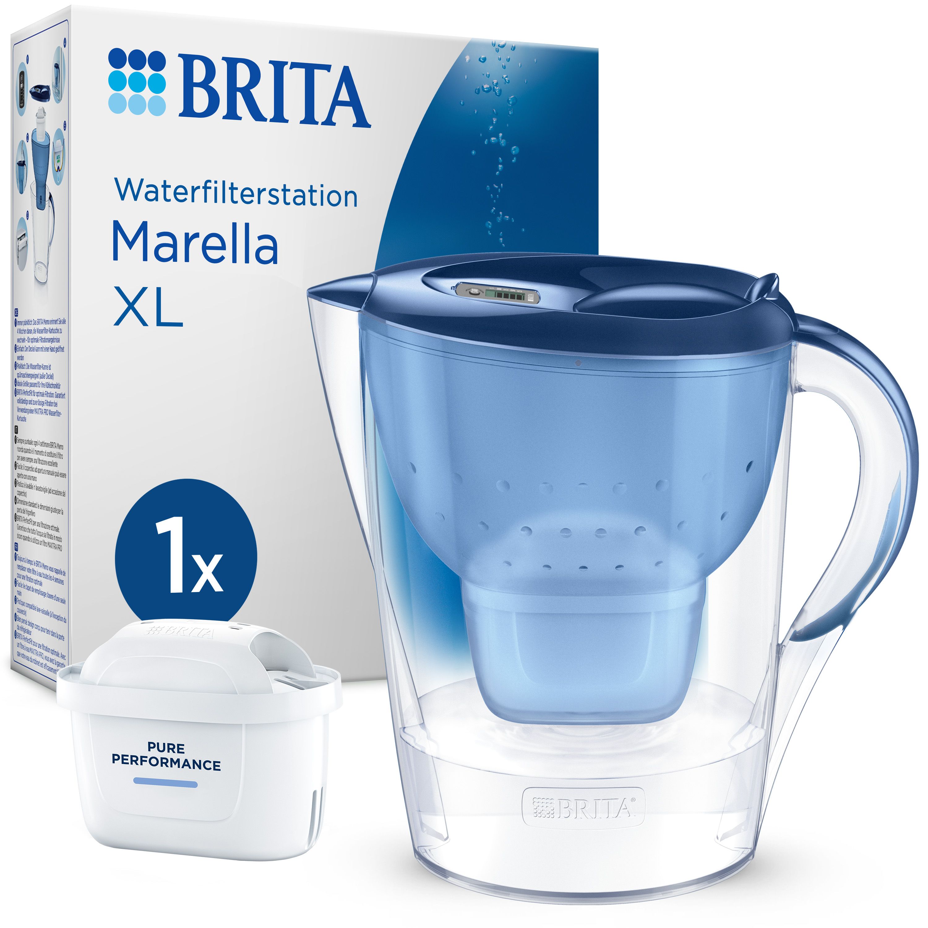 Carafe filtrante BRITA Marella XL avec emballage et une cartouche MAXTRA PRO.