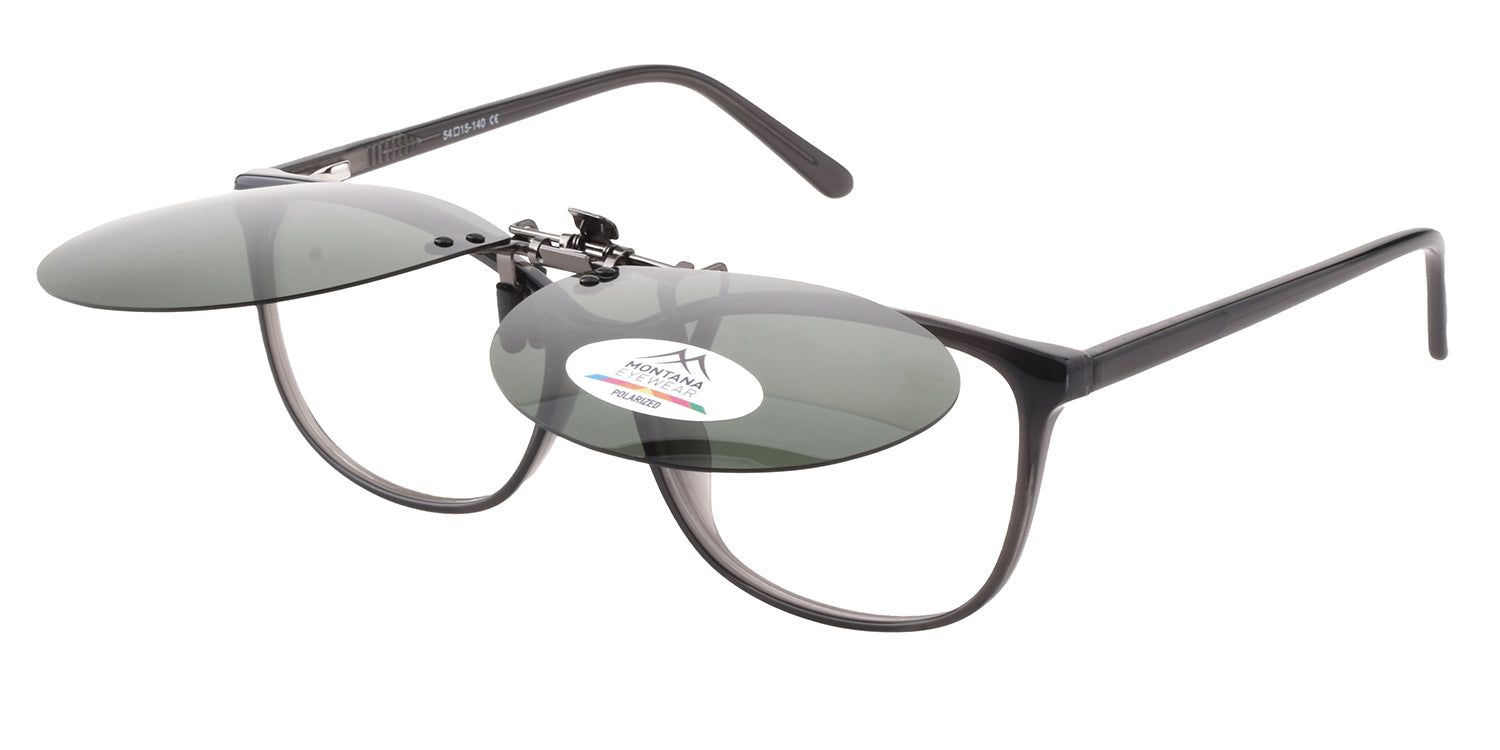 Montana Eyewear Sopot clip-on zonnebril. Zwart montuur, groene glazen. Clip-on mechanisme. Logo en Polarized.