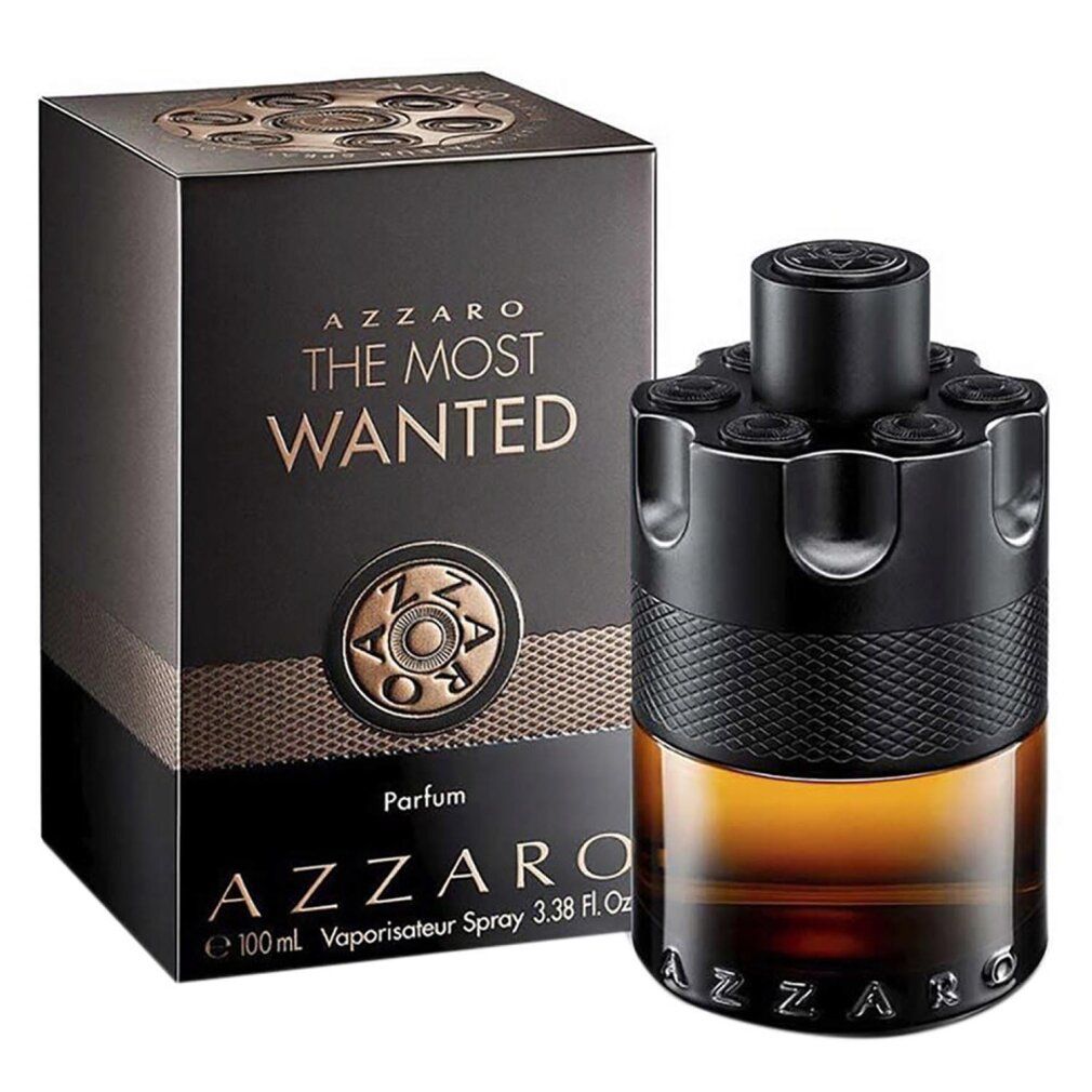 Zwarte fles met bruine vloeistof en zwarte verpakking. Opschrift: Azzaro The Most Wanted Parfum.